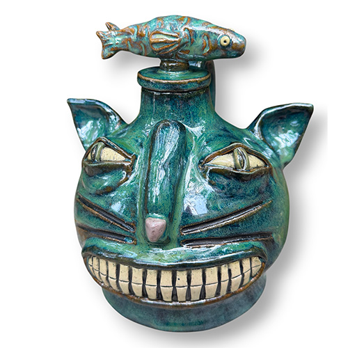 Jackie Apessos 6.25" Grinning Cat Face Jug w/Fish Stopper DP6336